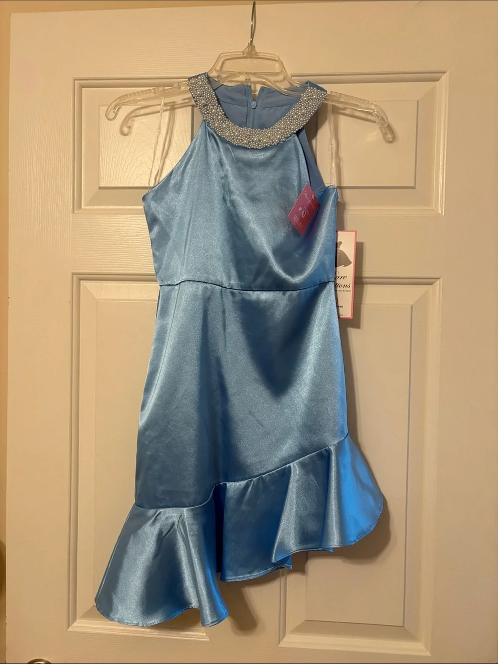 Kids Halter Satin Party Dress with Embellished Neckline - Light Blue